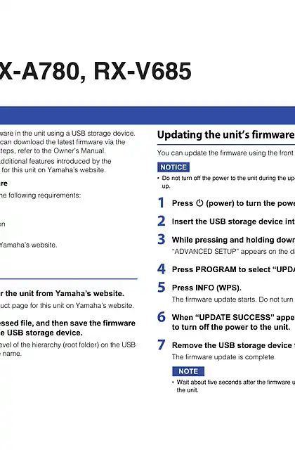 yamaha雅马哈RX-A880_RX-A780_RX-V685_Firmware_Update_Installation_Manual