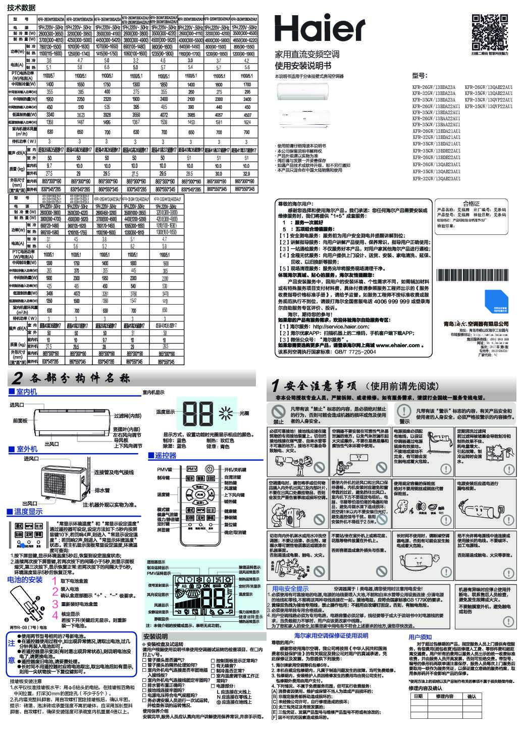 海尔KFR-26GW/13QAB22AU1说明书