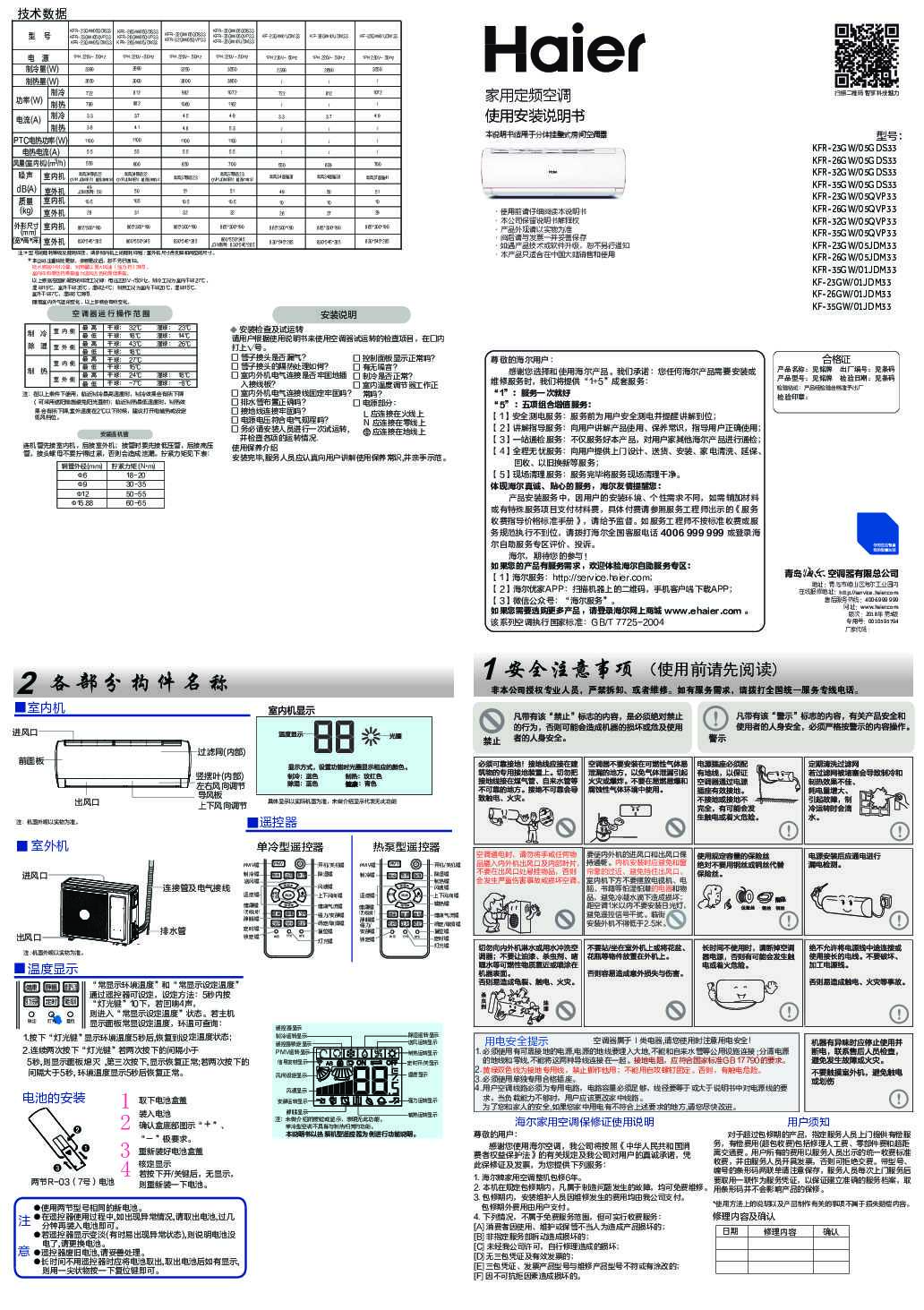 海尔KFR-23GW/05JDM33说明书