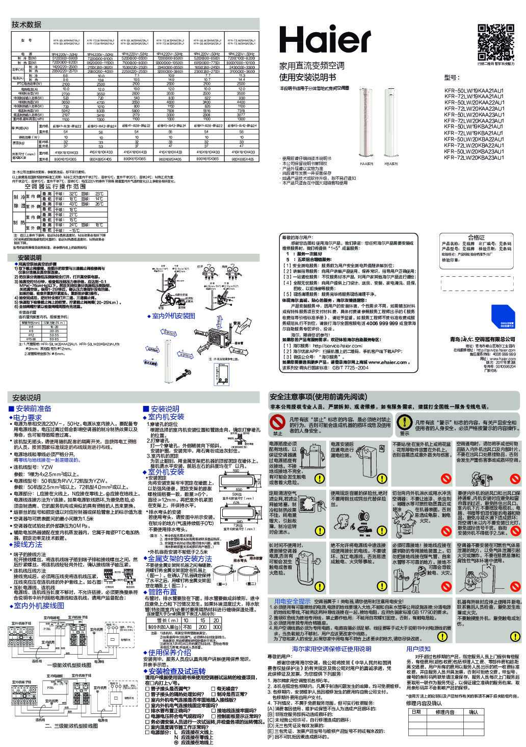 海尔KFR-72LW/20KAA23AU1说明书
